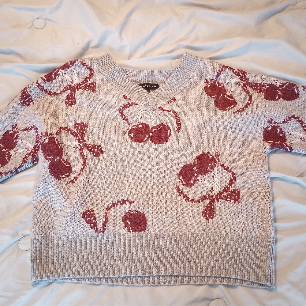 Iconic Cherry Knit Bow Tie V Neck Novelty Top Foodie Sweater Social Scene Medium